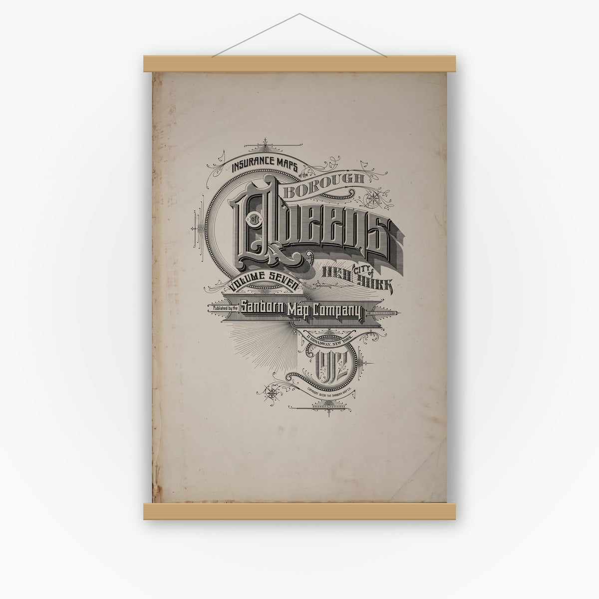Old map wall art mockup — magnetic wood frame on white wall — Sanborn Fire Insurance Map from Queens, Queens County, New York (1912), Sheet #0001