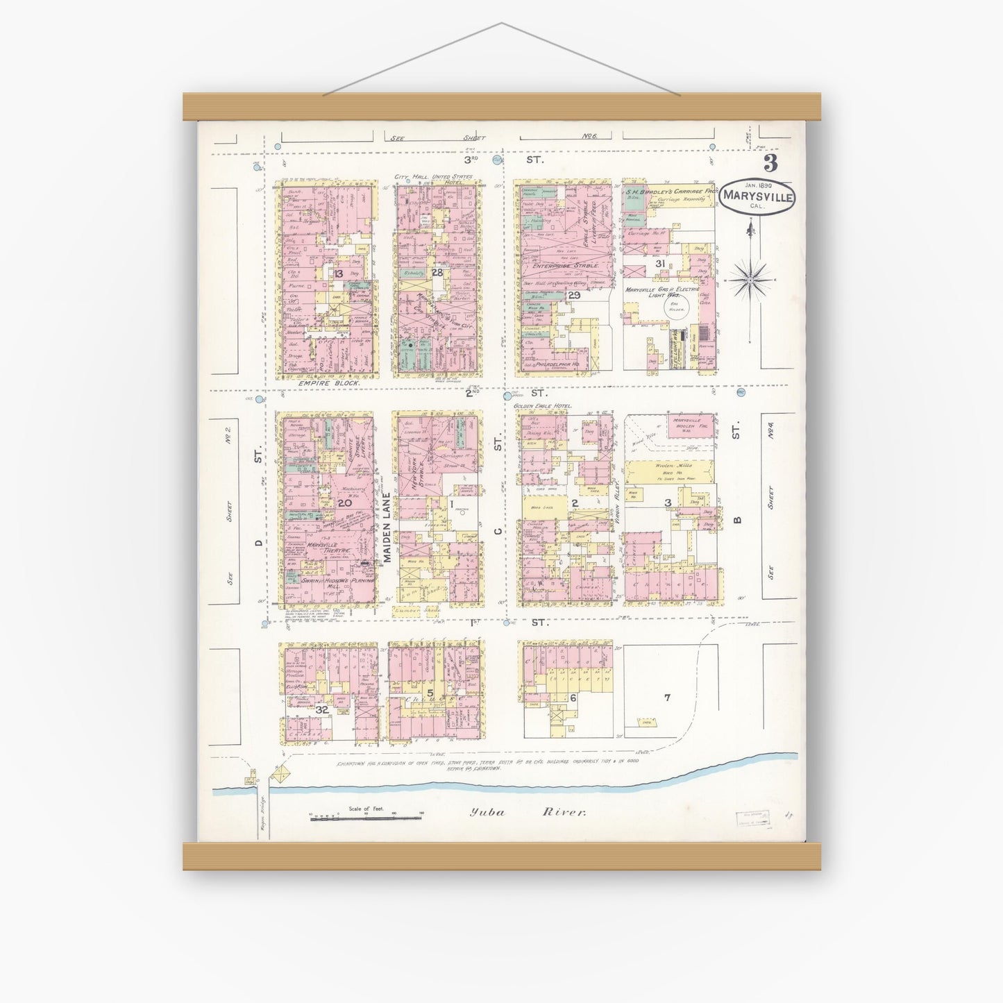 Old map wall art mockup — magnetic wood frame on white wall — Sanborn Fire Insurance Map from Marysville, Yuba County, California (1890), Sheet #0003