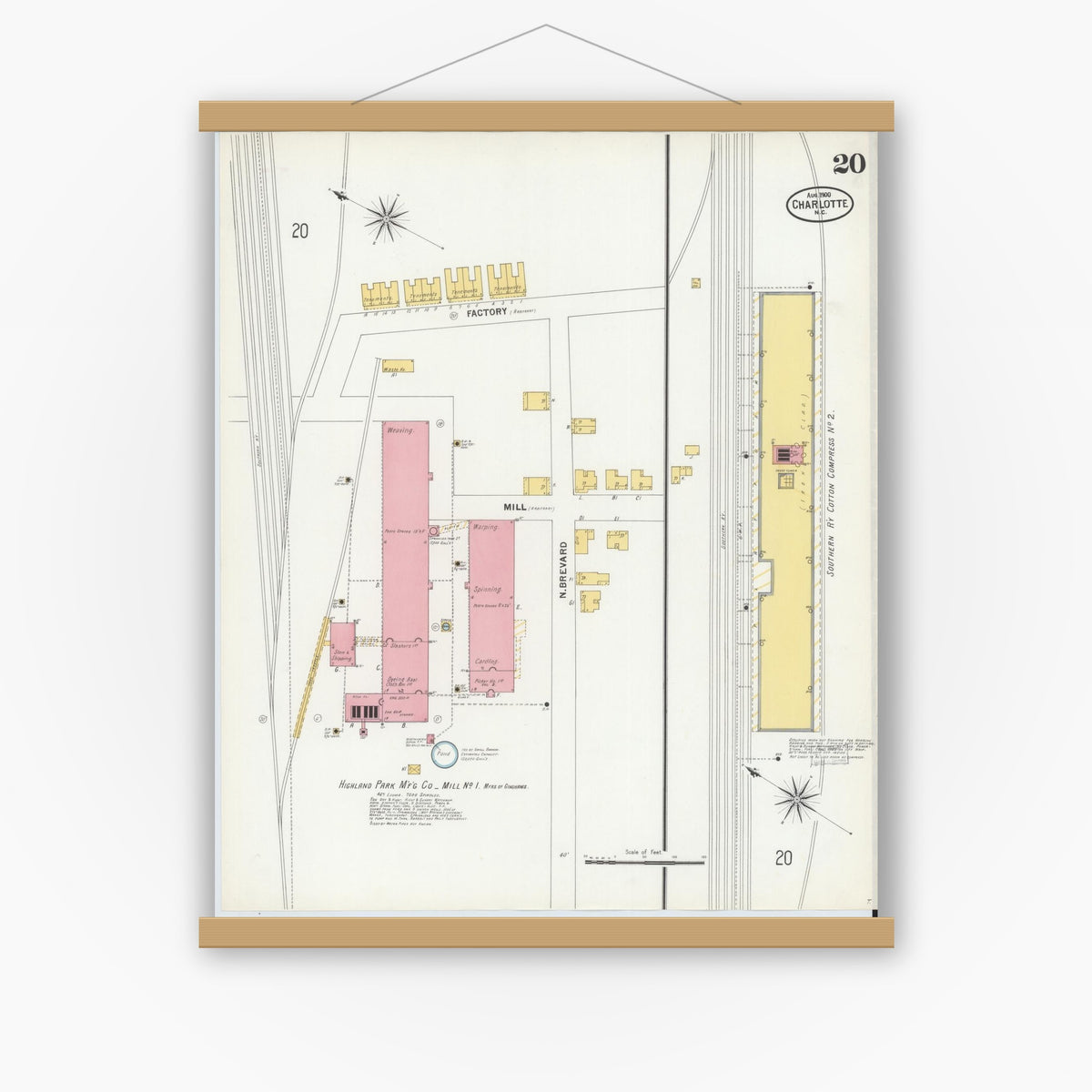 Old map wall art mockup — magnetic wood frame on white wall — Sanborn Fire Insurance Map from Charlotte, Mecklenburg County, North Carolina (1900), Sheet #0020