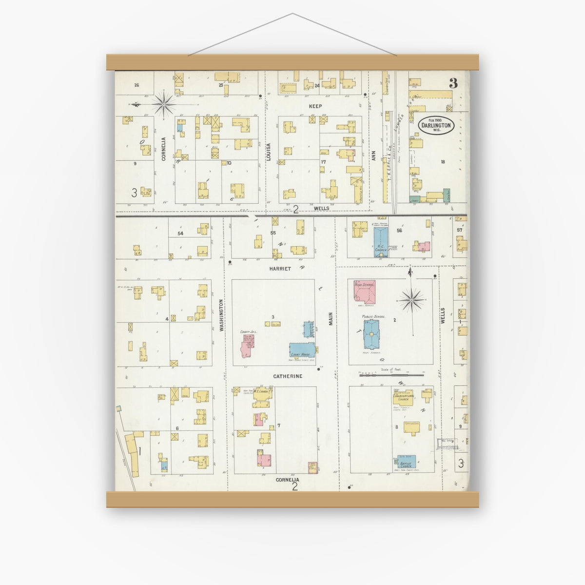 Old map wall art mockup — magnetic wood frame on white wall — Sanborn Fire Insurance Map from Darlington, Lafayette County, Wisconsin (1900), Sheet #0003