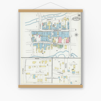 Old map wall art mockup — magnetic wood frame on white wall — Sanborn Fire Insurance Map from San Antonio, Bexar County, Texas (1892), Sheet #0012