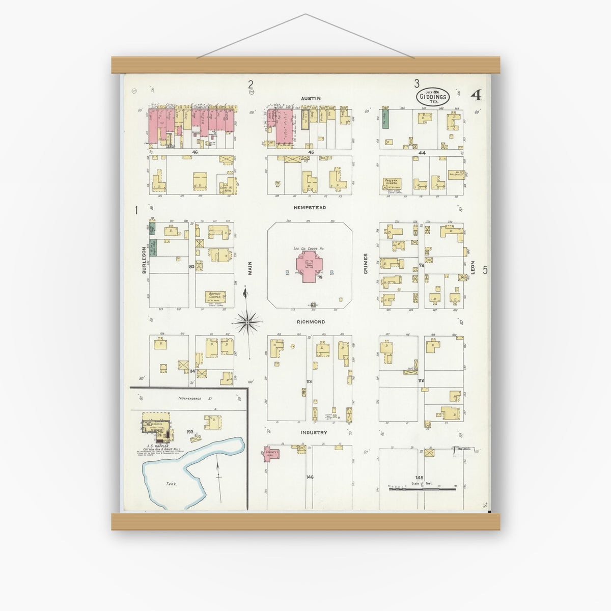 Old map wall art mockup — magnetic wood frame on white wall — Sanborn Fire Insurance Map from Giddings, Lee County, Texas (1906), Sheet #0004