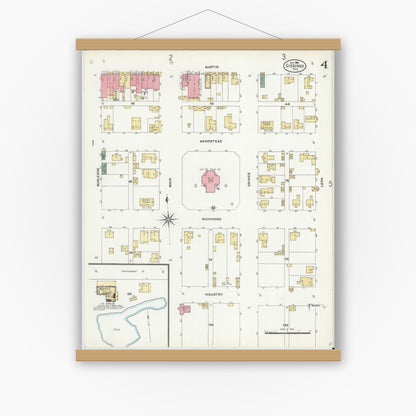 Old map wall art mockup — magnetic wood frame on white wall — Sanborn Fire Insurance Map from Giddings, Lee County, Texas (1906), Sheet #0004