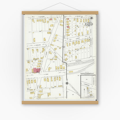 Old map wall art mockup — magnetic wood frame on white wall — Sanborn Fire Insurance Map from Lancaster, Fairfield County, Ohio (1919), Sheet #0016