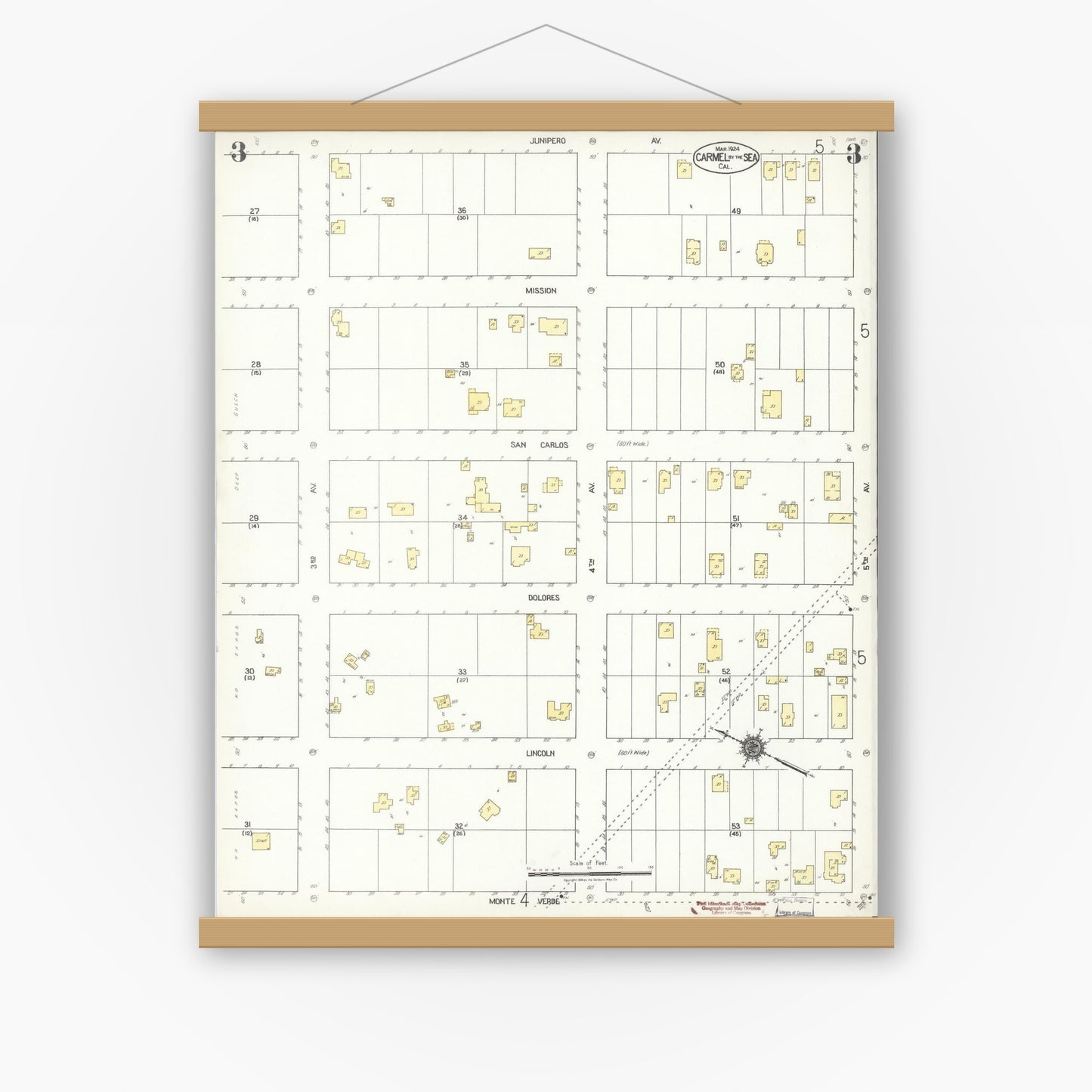 Old map wall art mockup — magnetic wood frame on white wall — Sanborn Fire Insurance Map from Carmel By The Sea, Monterey County, California (1924), Sheet #0003