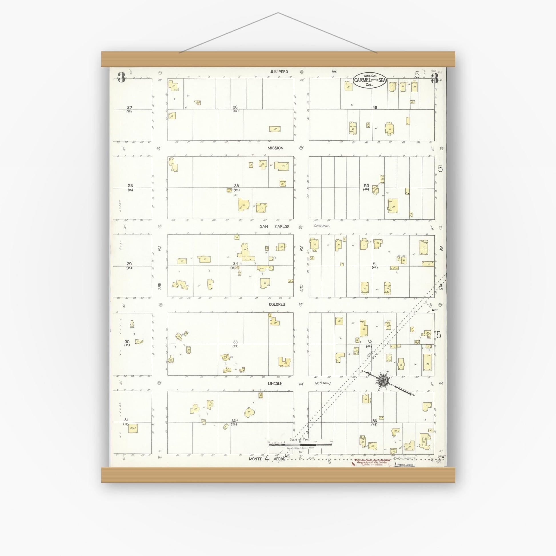 Old map wall art mockup — magnetic wood frame on white wall — Sanborn Fire Insurance Map from Carmel By The Sea, Monterey County, California (1924), Sheet #0003