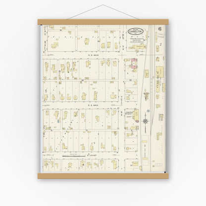 Old map wall art mockup — magnetic wood frame on white wall — Sanborn Fire Insurance Map from Carrollton, Greene County, Illinois (1914), Sheet #0006