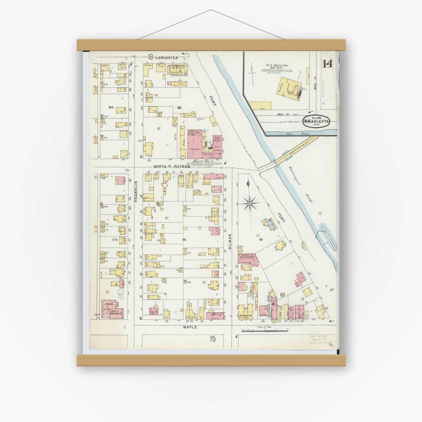 Old map wall art mockup — magnetic wood frame on white wall — Sanborn Fire Insurance Map from Marietta, Washington County, Ohio (1896), Sheet #0014