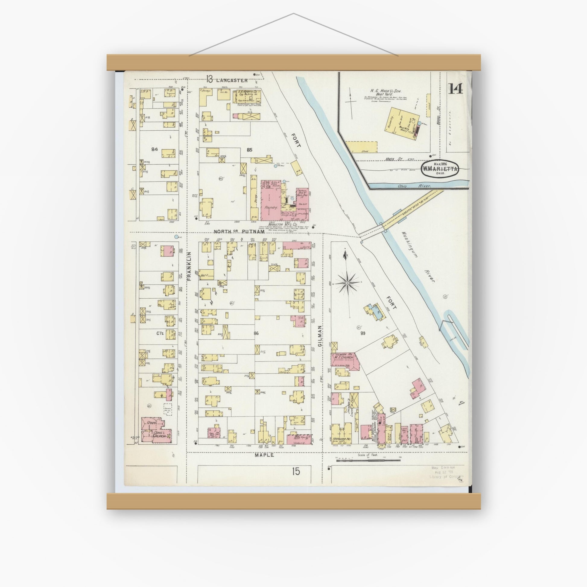 Old map wall art mockup — magnetic wood frame on white wall — Sanborn Fire Insurance Map from Marietta, Washington County, Ohio (1896), Sheet #0014