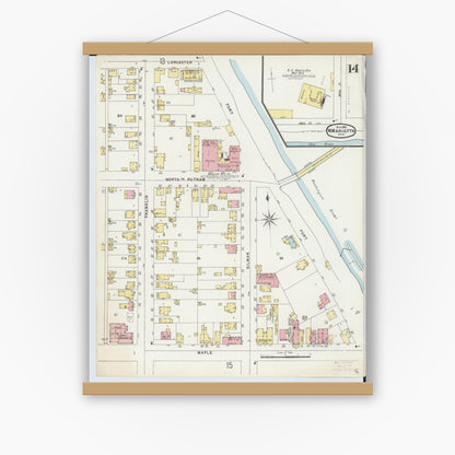 Old map wall art mockup — magnetic wood frame on white wall — Sanborn Fire Insurance Map from Marietta, Washington County, Ohio (1896), Sheet #0014