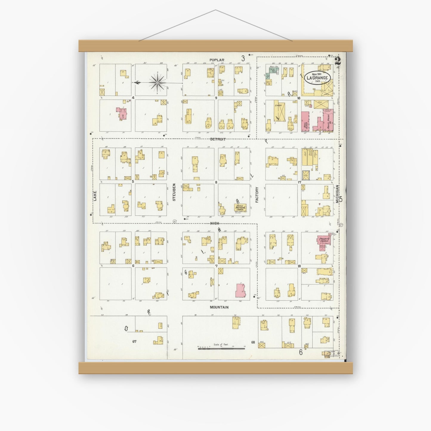 Old map wall art mockup — magnetic wood frame on white wall — Sanborn Fire Insurance Map from Lagrange, LaGrange County, Indiana (1901), Sheet #0002