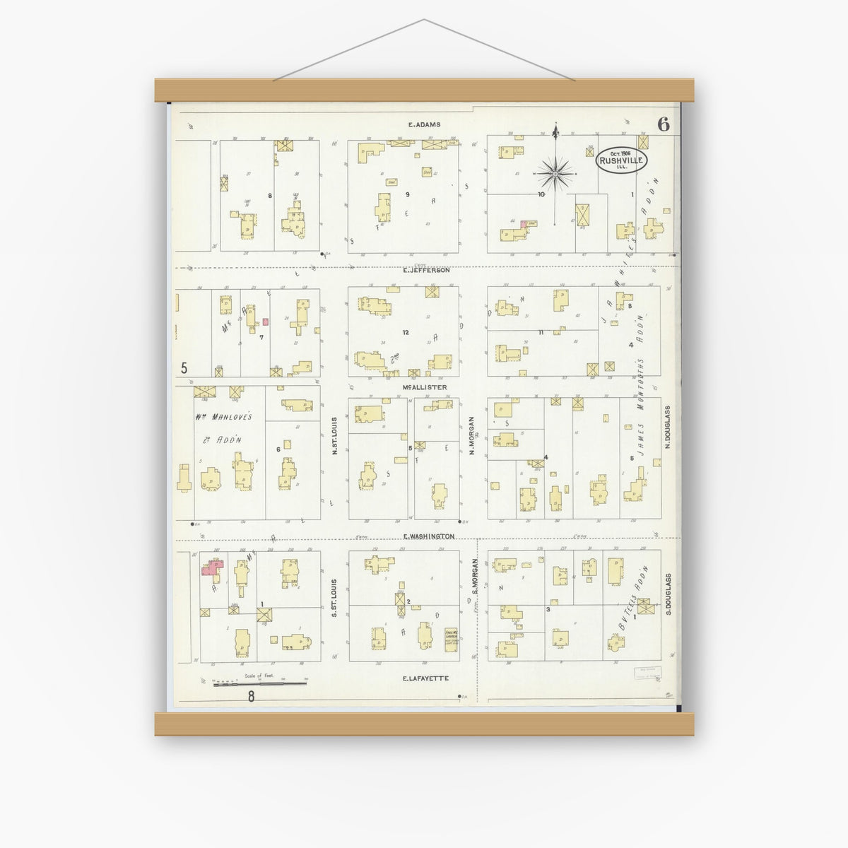 Old map wall art mockup — magnetic wood frame on white wall — Sanborn Fire Insurance Map from Rushville, Schuyler County, Illinois (1906), Sheet #0006
