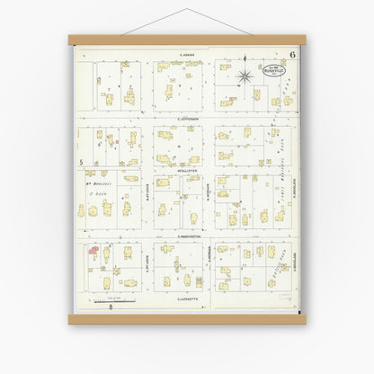 Old map wall art mockup — magnetic wood frame on white wall — Sanborn Fire Insurance Map from Rushville, Schuyler County, Illinois (1906), Sheet #0006