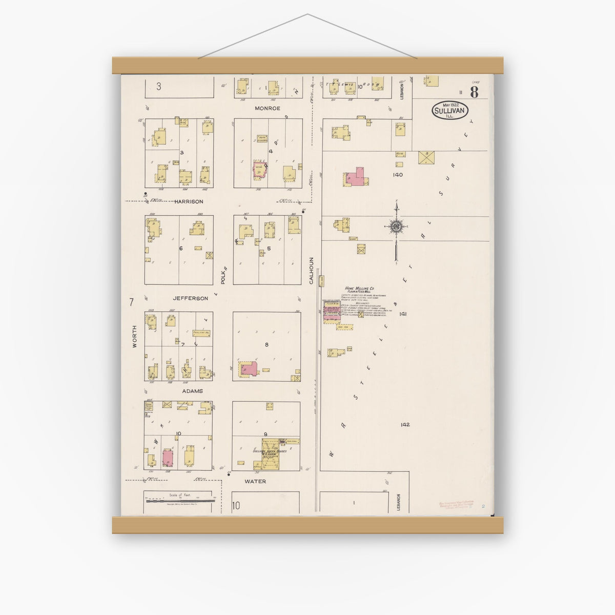 Old map wall art mockup — magnetic wood frame on white wall — Sanborn Fire Insurance Map from Sullivan, Moultrie County, Illinois (1922), Sheet #0008