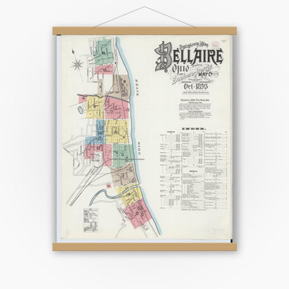 Old map wall art mockup — magnetic wood frame on white wall — Sanborn Fire Insurance Map from Bellaire, Belmont County, Ohio (1895) - Complete Map Set