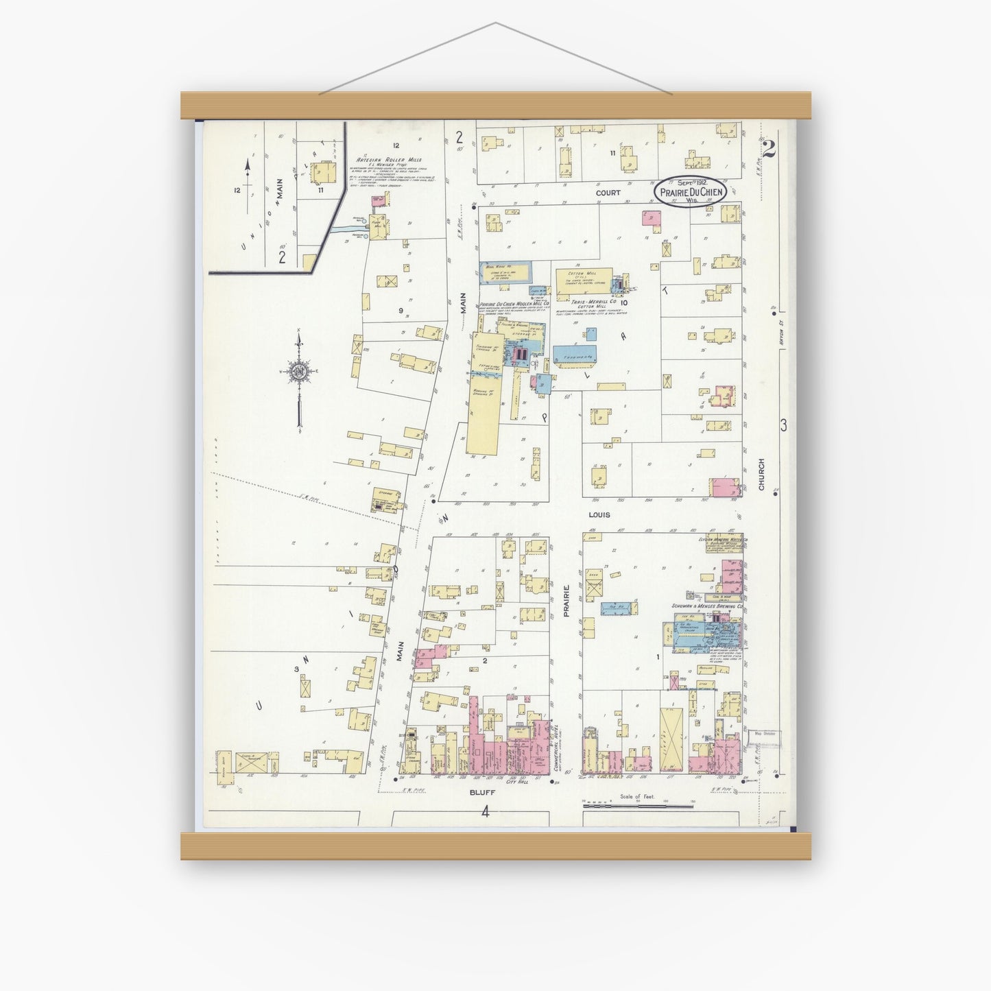 Old map wall art mockup — magnetic wood frame on white wall — Sanborn Fire Insurance Map from Prairie du Chien, Crawford County, Wisconsin (1912), Sheet #0002