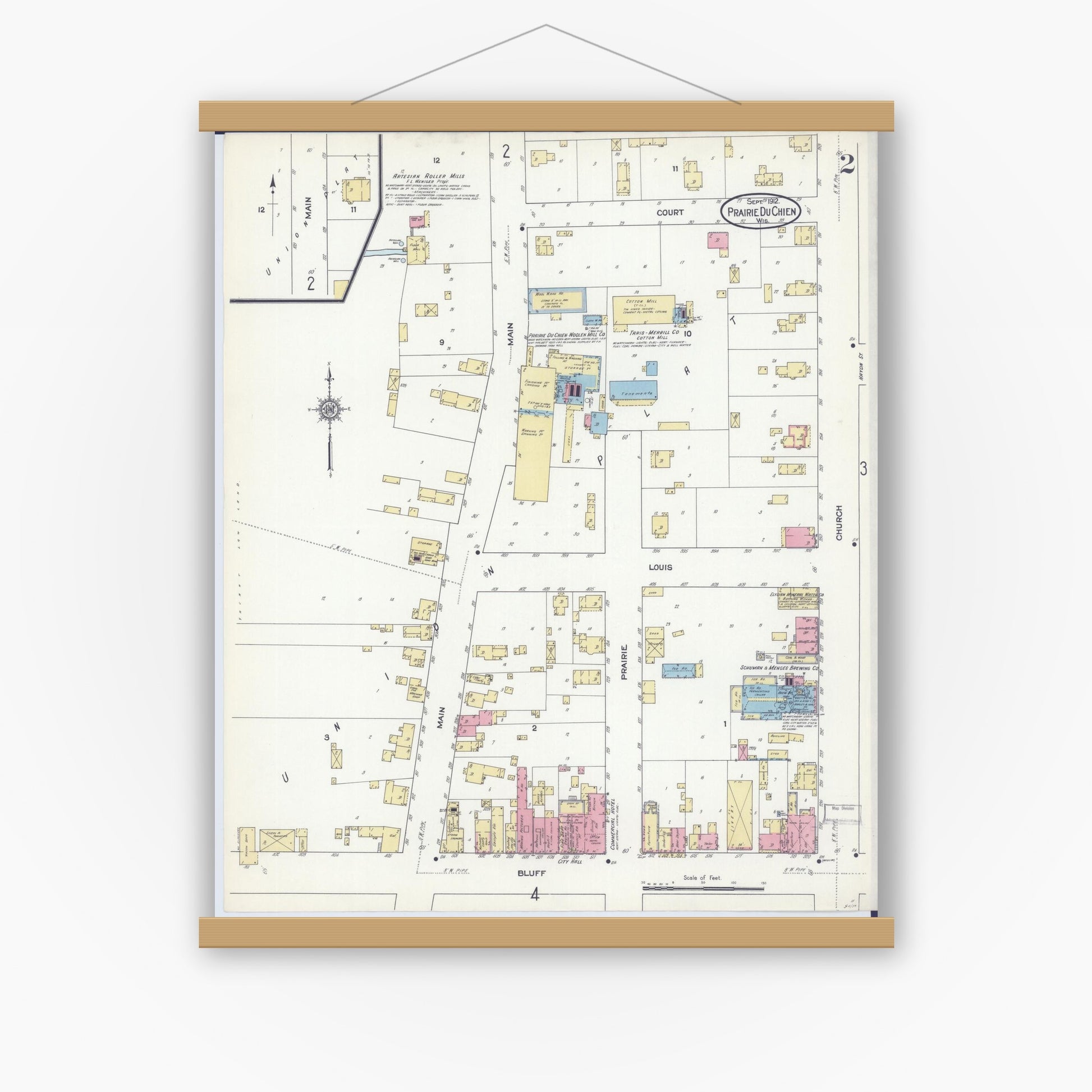 Old map wall art mockup — magnetic wood frame on white wall — Sanborn Fire Insurance Map from Prairie du Chien, Crawford County, Wisconsin (1912), Sheet #0002
