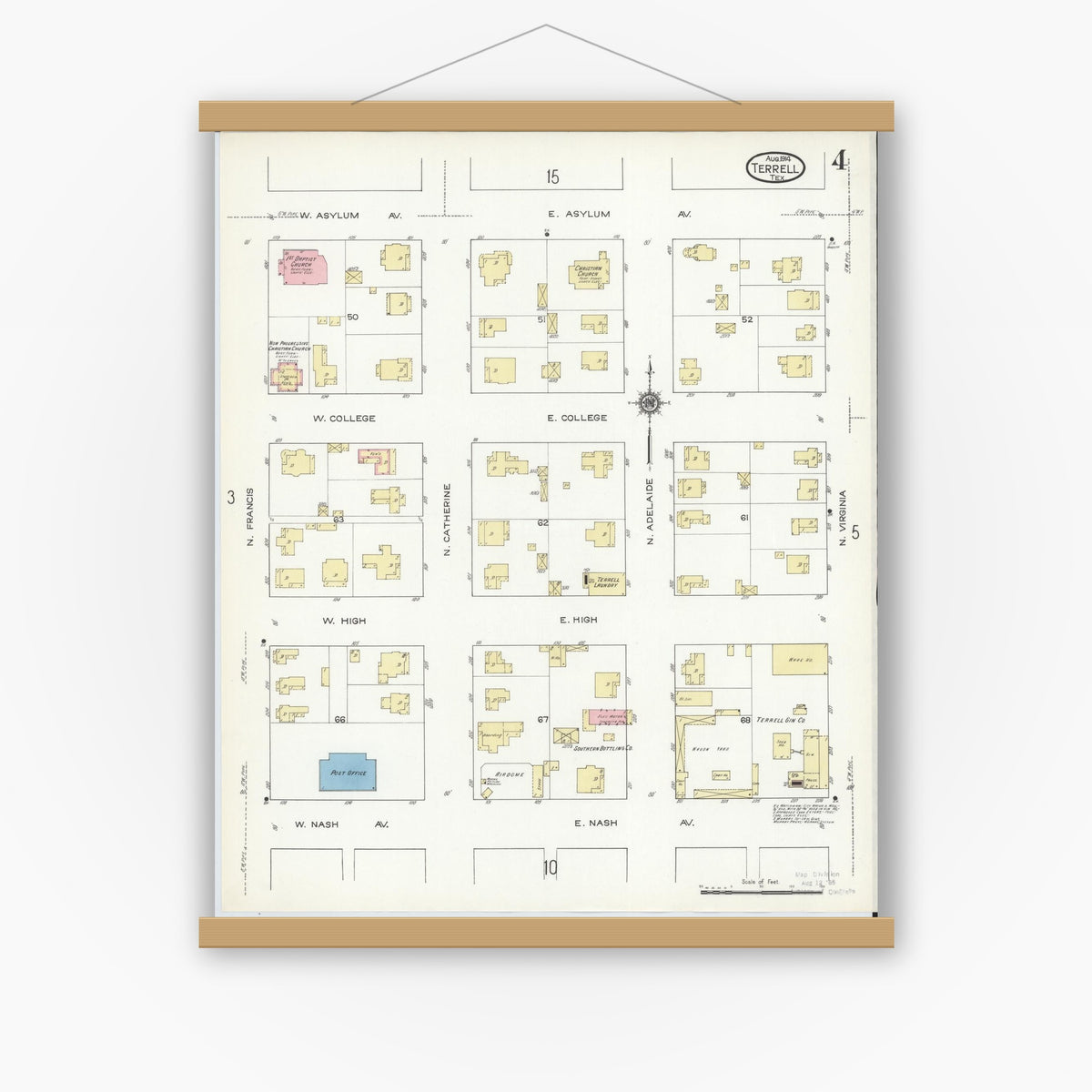 Old map wall art mockup — magnetic wood frame on white wall — Sanborn Fire Insurance Map from Terrell, Kaufman County, Texas (1914), Sheet #0004