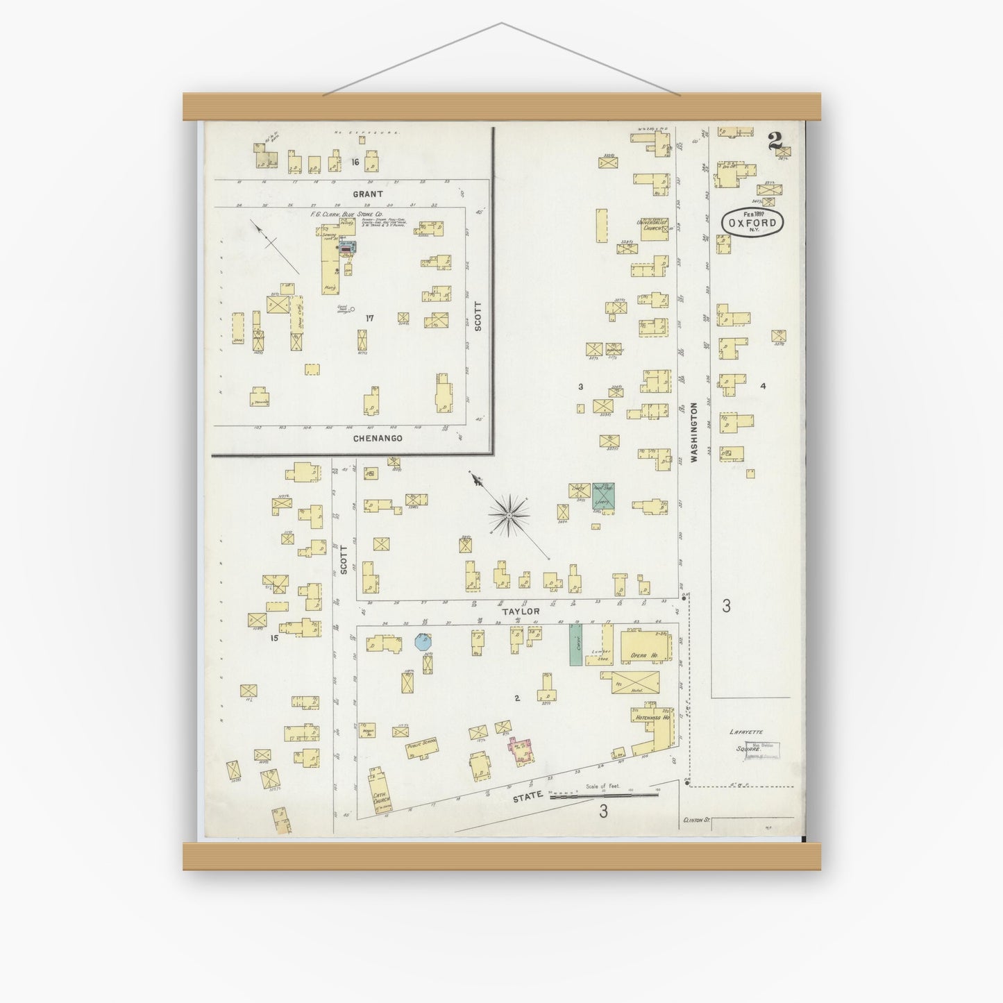 Old map wall art mockup — magnetic wood frame on white wall — Sanborn Fire Insurance Map from Oxford, Chenango County, New York (1897), Sheet #0002