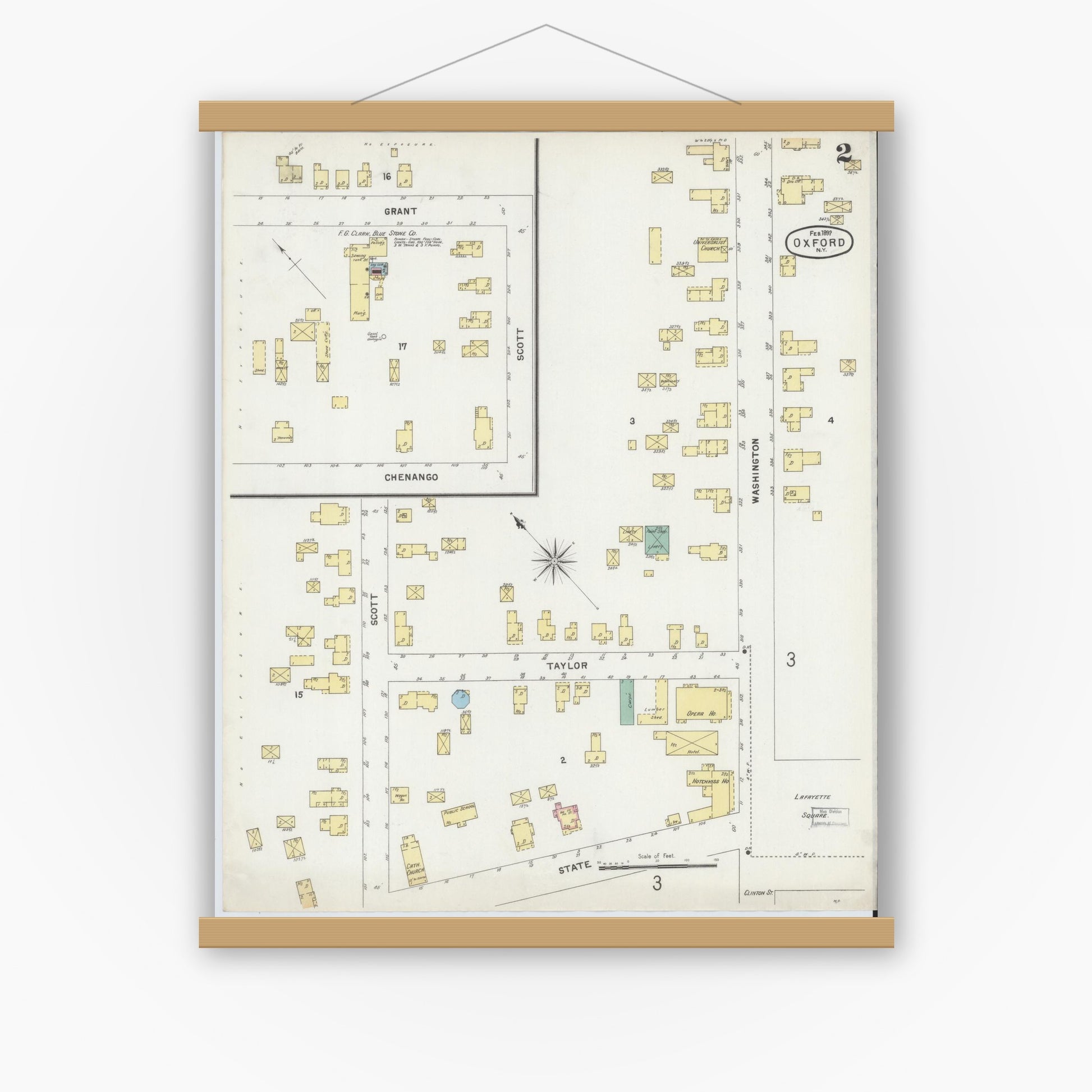 Old map wall art mockup — magnetic wood frame on white wall — Sanborn Fire Insurance Map from Oxford, Chenango County, New York (1897), Sheet #0002