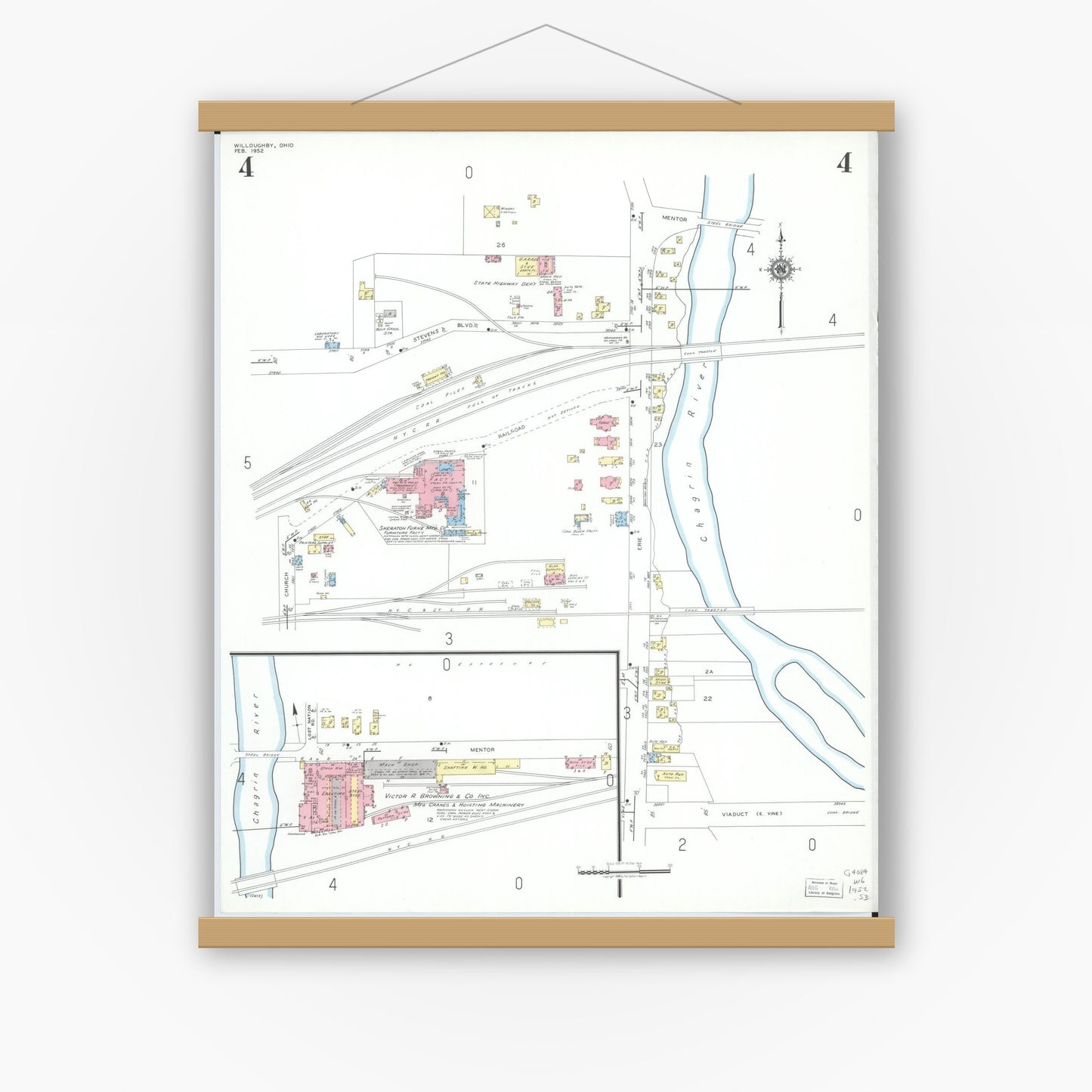 Old map wall art mockup — magnetic wood frame on white wall — Sanborn Fire Insurance Map from Willoughby, Lake County, Ohio (1952), Sheet #0004