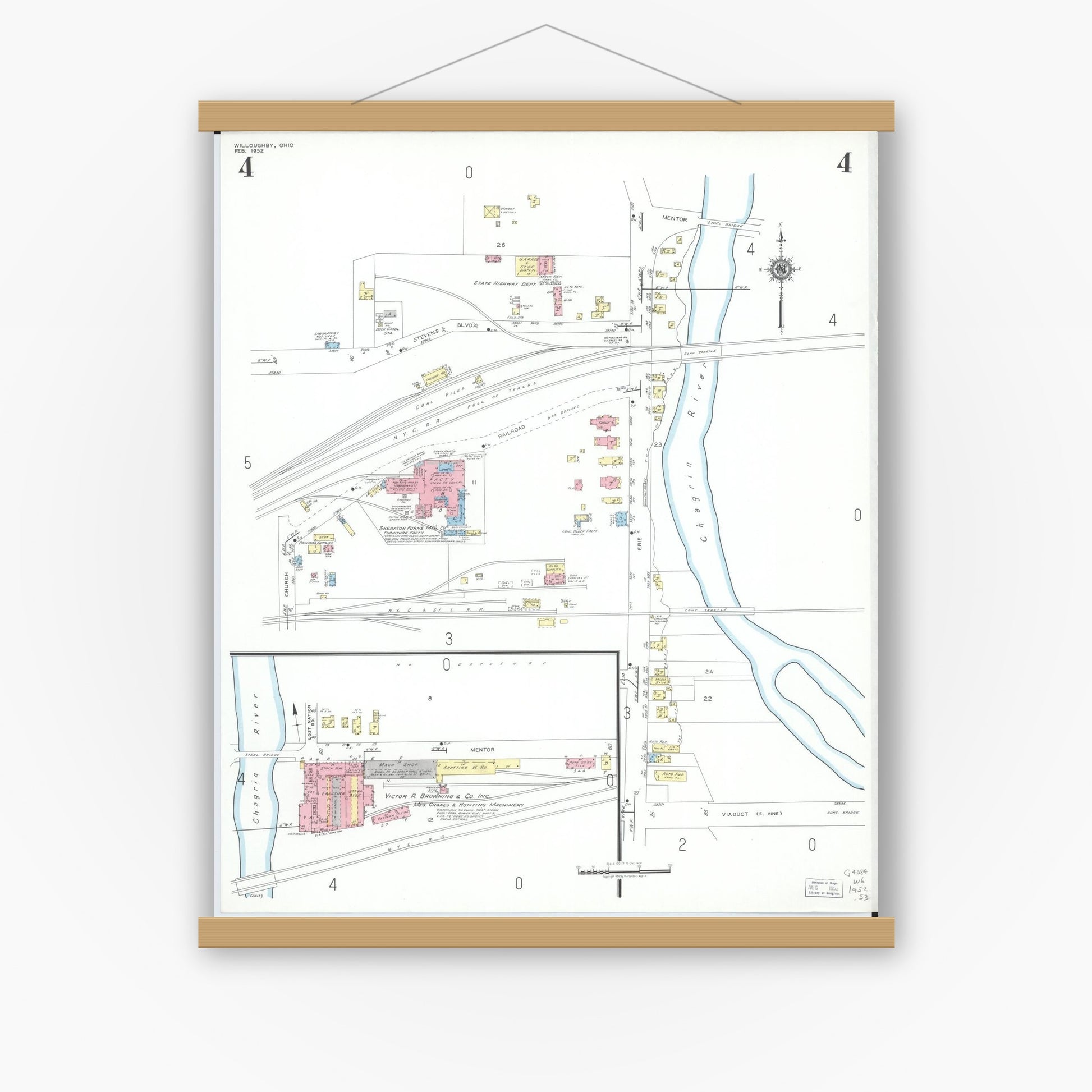 Old map wall art mockup — magnetic wood frame on white wall — Sanborn Fire Insurance Map from Willoughby, Lake County, Ohio (1952), Sheet #0004
