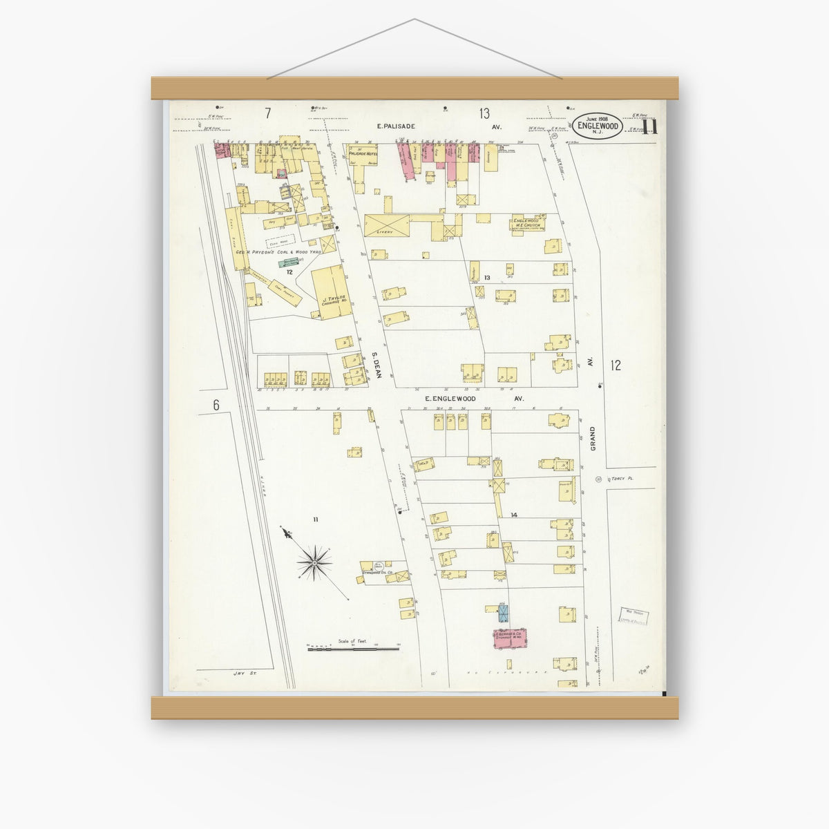 Old map wall art mockup — magnetic wood frame on white wall — Sanborn Fire Insurance Map from Englewood, Bergen County, New Jersey (1908), Sheet #0011