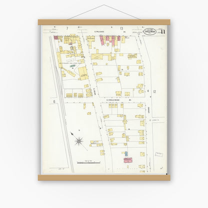 Old map wall art mockup — magnetic wood frame on white wall — Sanborn Fire Insurance Map from Englewood, Bergen County, New Jersey (1908), Sheet #0011