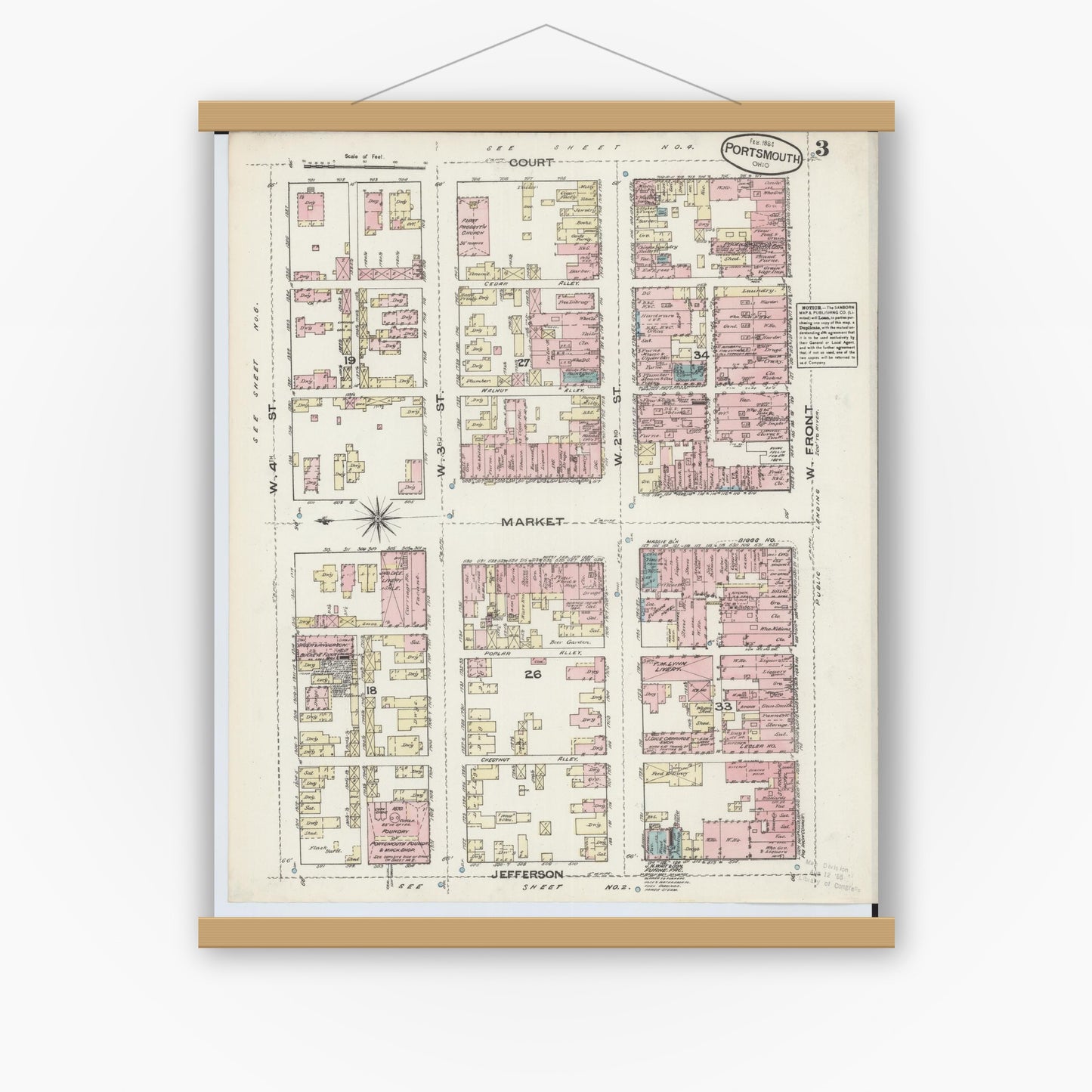 Old map wall art mockup — magnetic wood frame on white wall — Sanborn Fire Insurance Map from Portsmouth, Scioto County, Ohio (1884), Sheet #0003