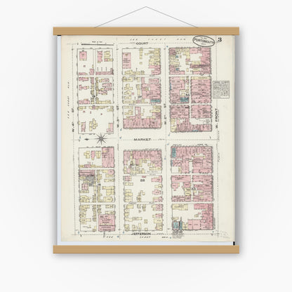 Old map wall art mockup — magnetic wood frame on white wall — Sanborn Fire Insurance Map from Portsmouth, Scioto County, Ohio (1884), Sheet #0003