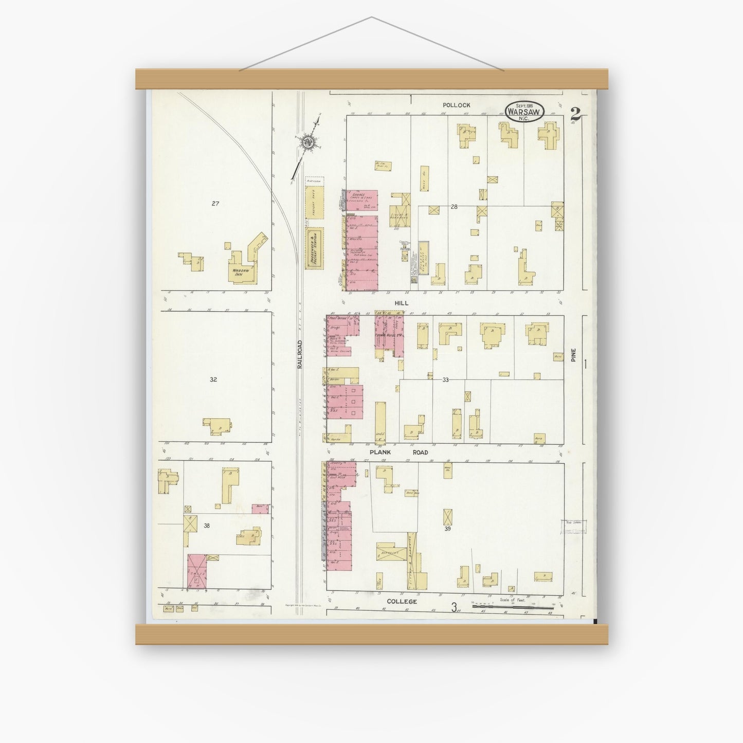 Old map wall art mockup — magnetic wood frame on white wall — Sanborn Fire Insurance Map from Warsaw, Duplin County, North Carolina (1916), Sheet #0002