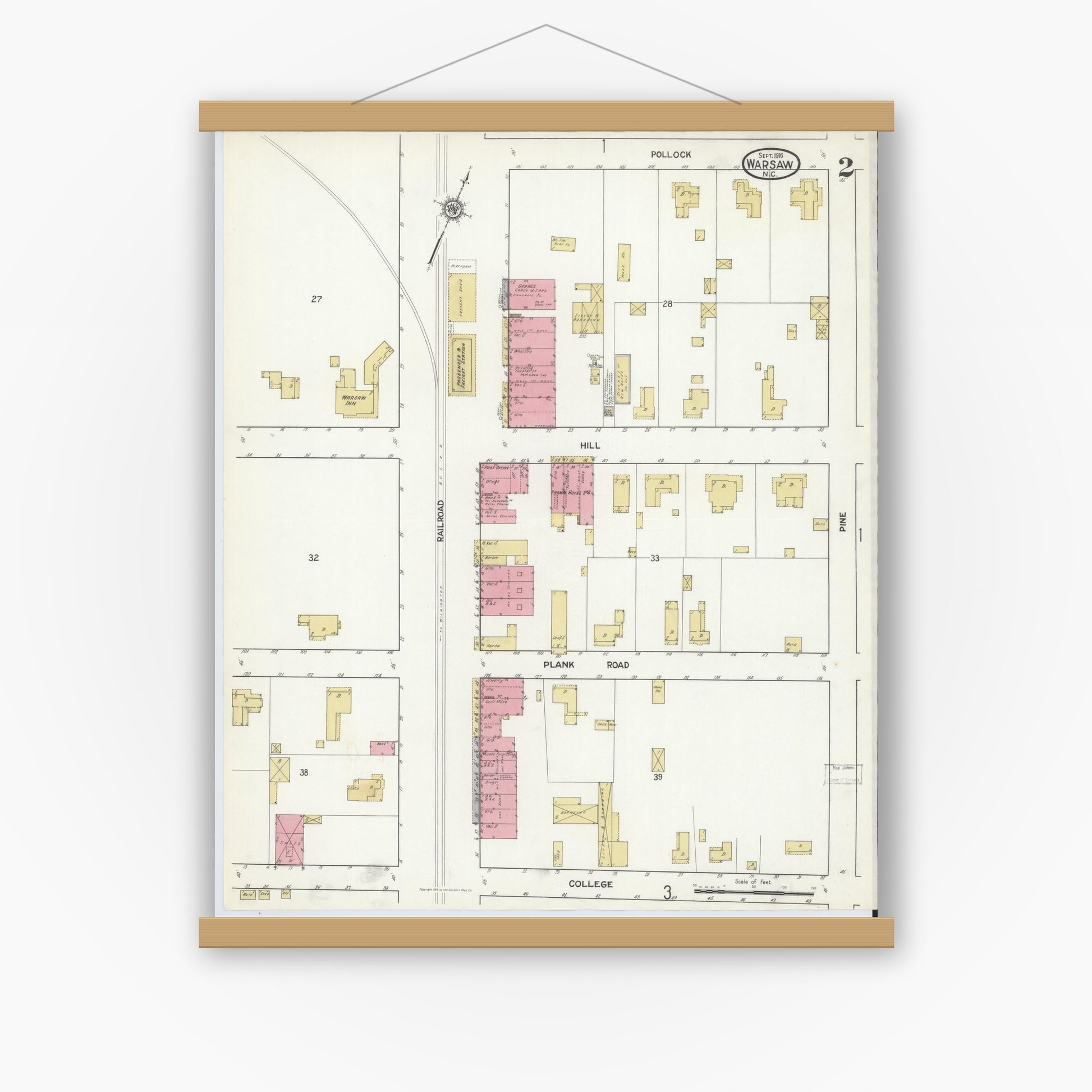 Old map wall art mockup — magnetic wood frame on white wall — Sanborn Fire Insurance Map from Warsaw, Duplin County, North Carolina (1916), Sheet #0002