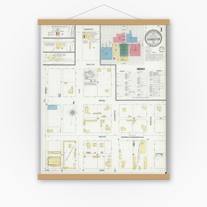 Old map wall art mockup — magnetic wood frame on white wall — Sanborn Fire Insurance Map from Henrietta, Clay County, Texas (1902) - Complete Map Set