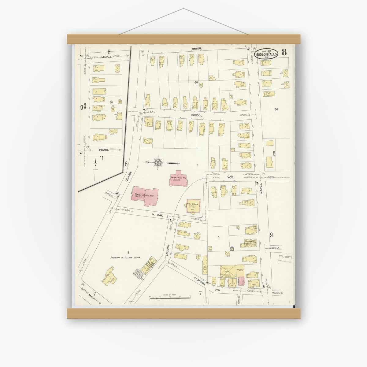 Old map wall art mockup — magnetic wood frame on white wall — Sanborn Fire Insurance Map from Hudson Falls, Washington County, New York (1913), Sheet #0008