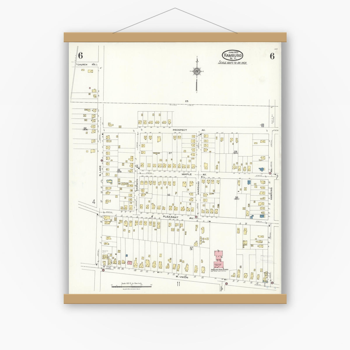 Old map wall art mockup — magnetic wood frame on white wall — Sanborn Fire Insurance Map from Hamburg, Erie County, New York (1923), Sheet #0006