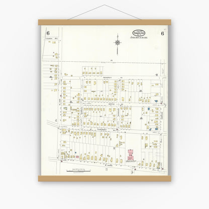 Old map wall art mockup — magnetic wood frame on white wall — Sanborn Fire Insurance Map from Hamburg, Erie County, New York (1923), Sheet #0006