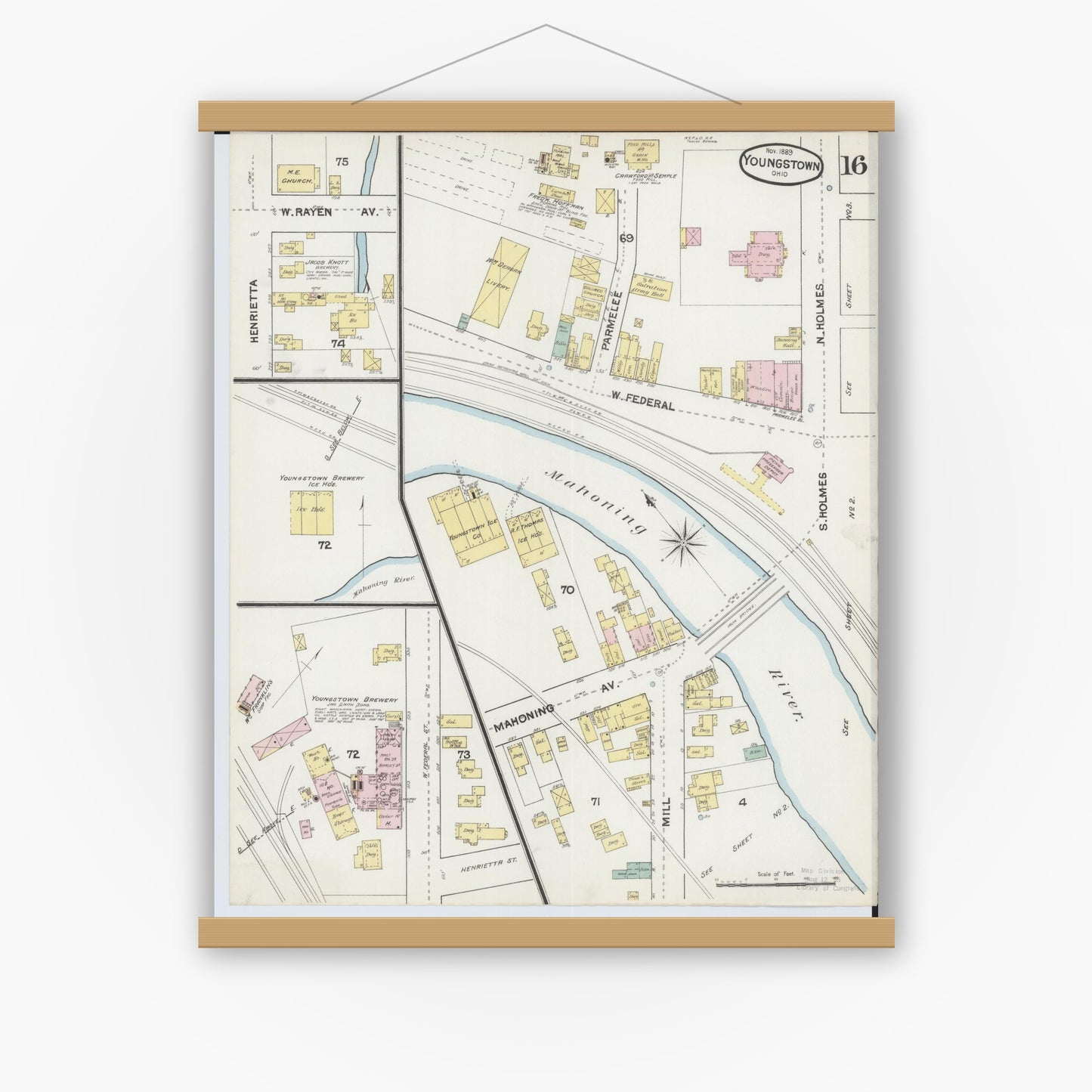 Old map wall art mockup — magnetic wood frame on white wall — Sanborn Fire Insurance Map from Youngstown, Mahoning County, Ohio (1889), Sheet #0016