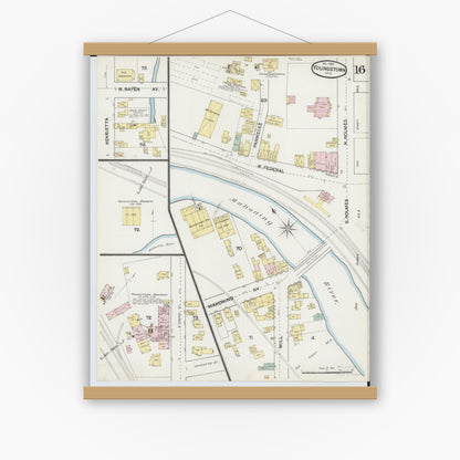 Old map wall art mockup — magnetic wood frame on white wall — Sanborn Fire Insurance Map from Youngstown, Mahoning County, Ohio (1889), Sheet #0016