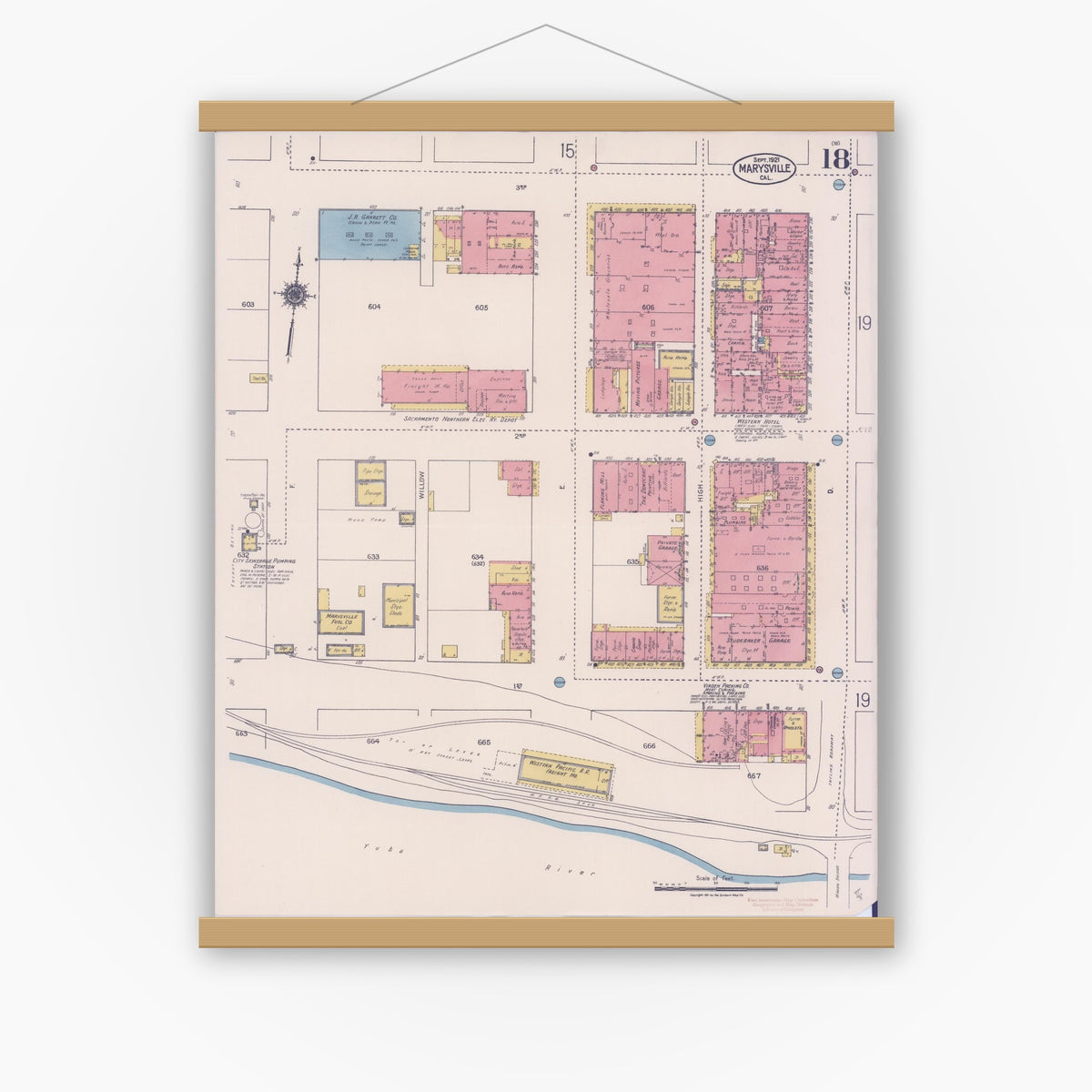 Old map wall art mockup — magnetic wood frame on white wall — Sanborn Fire Insurance Map from Marysville, Yuba County, California (1921), Sheet #0018