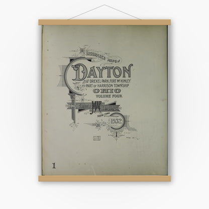 Old map wall art mockup — magnetic wood frame on white wall — Sanborn Fire Insurance Map from Dayton, Montgomery County, Ohio (1932), Sheet #0001
