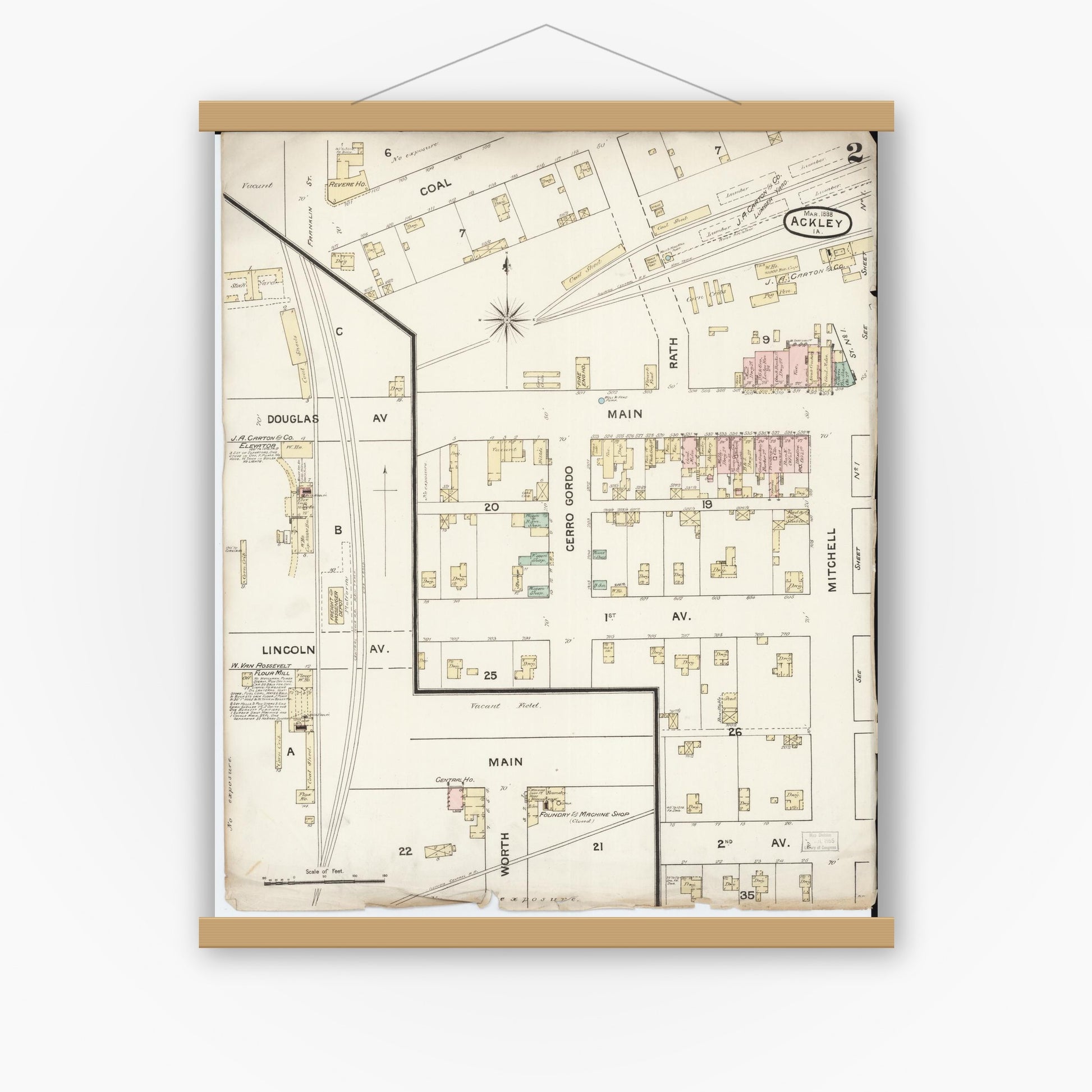 Old map wall art mockup — magnetic wood frame on white wall — Sanborn Fire Insurance Map from Ackley, Hardin and Franklin Counties, Iowa (1888), Sheet #0002