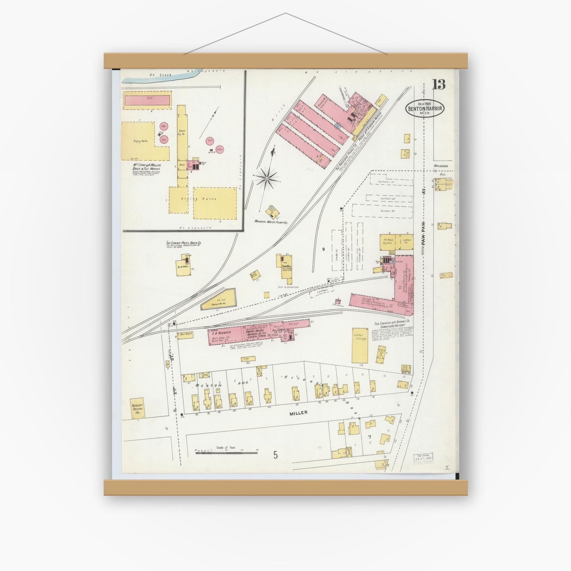 Old map wall art mockup — magnetic wood frame on white wall — Sanborn Fire Insurance Map from Benton Harbor, Berrien County, Michigan (1905), Sheet #0013