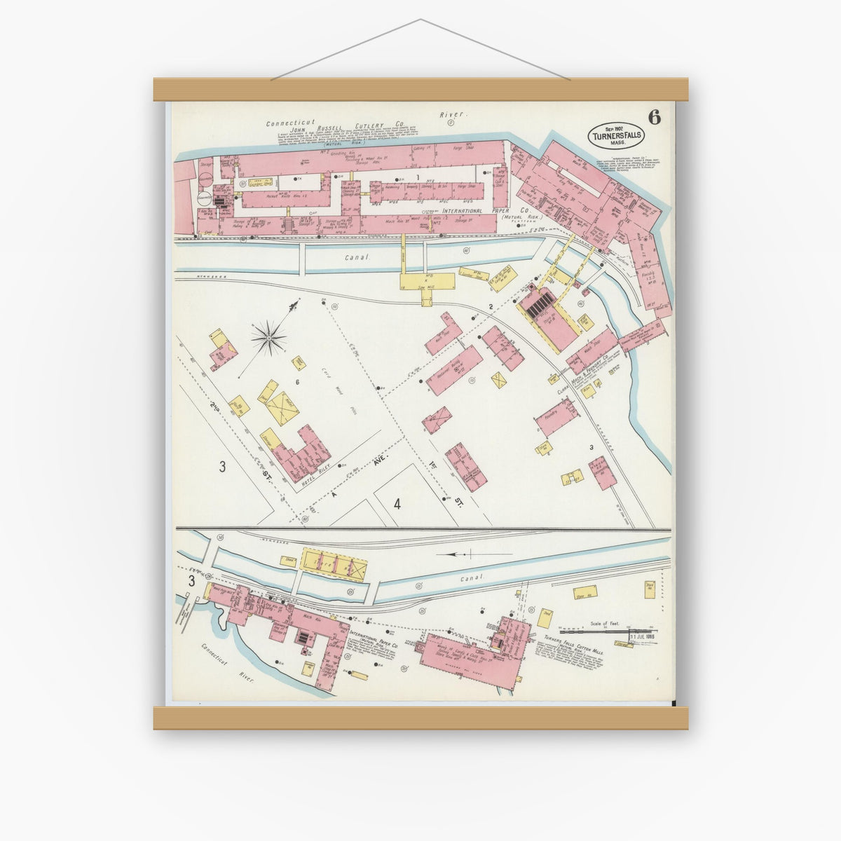 Old map wall art mockup — magnetic wood frame on white wall — Sanborn Fire Insurance Map from Turners Falls, Franklin County, Massachusetts (1902), Sheet #0006