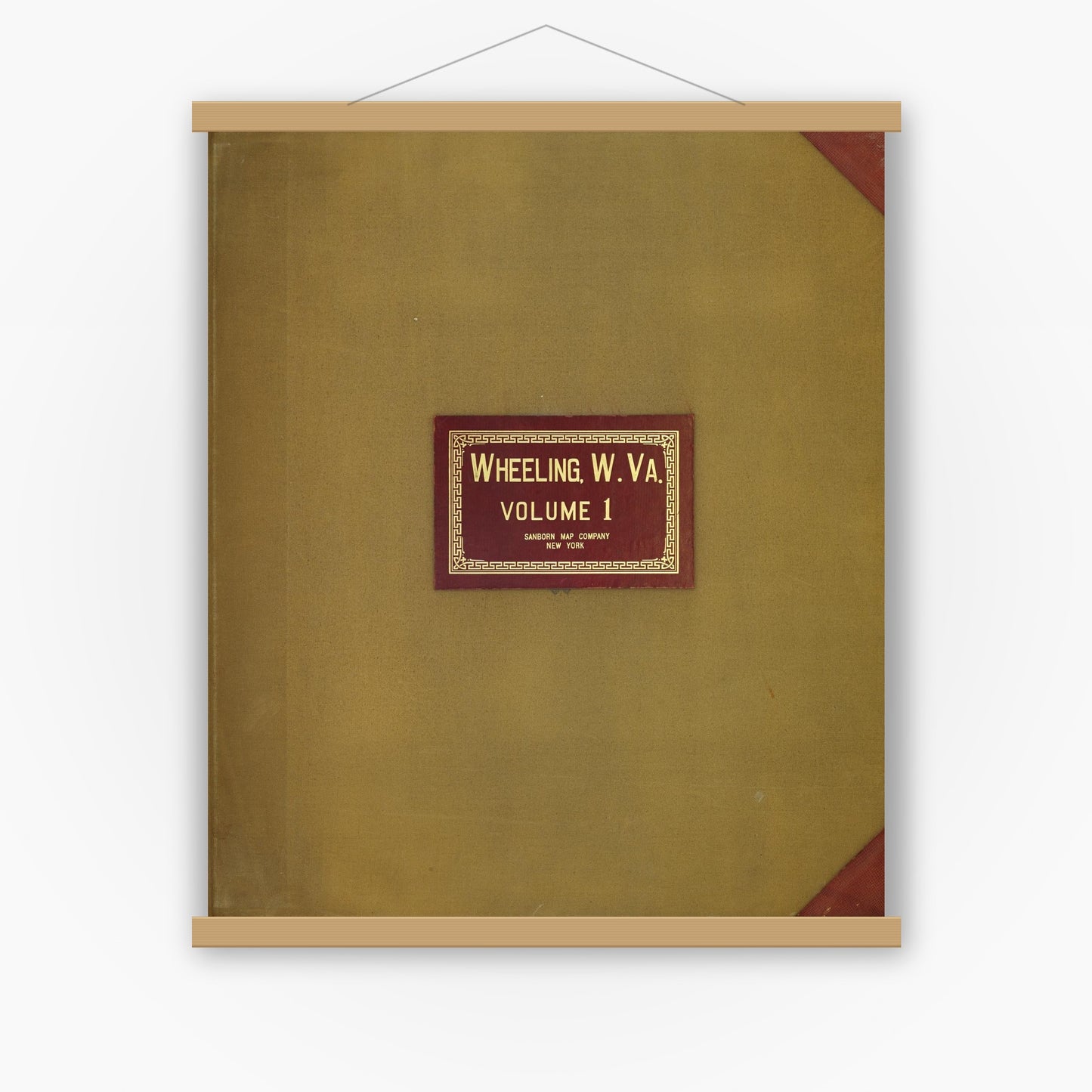 Old map wall art mockup — magnetic wood frame on white wall — Sanborn Fire Insurance Map from Wheeling, Ohio County, West Virginia (1950), Sheet #0001