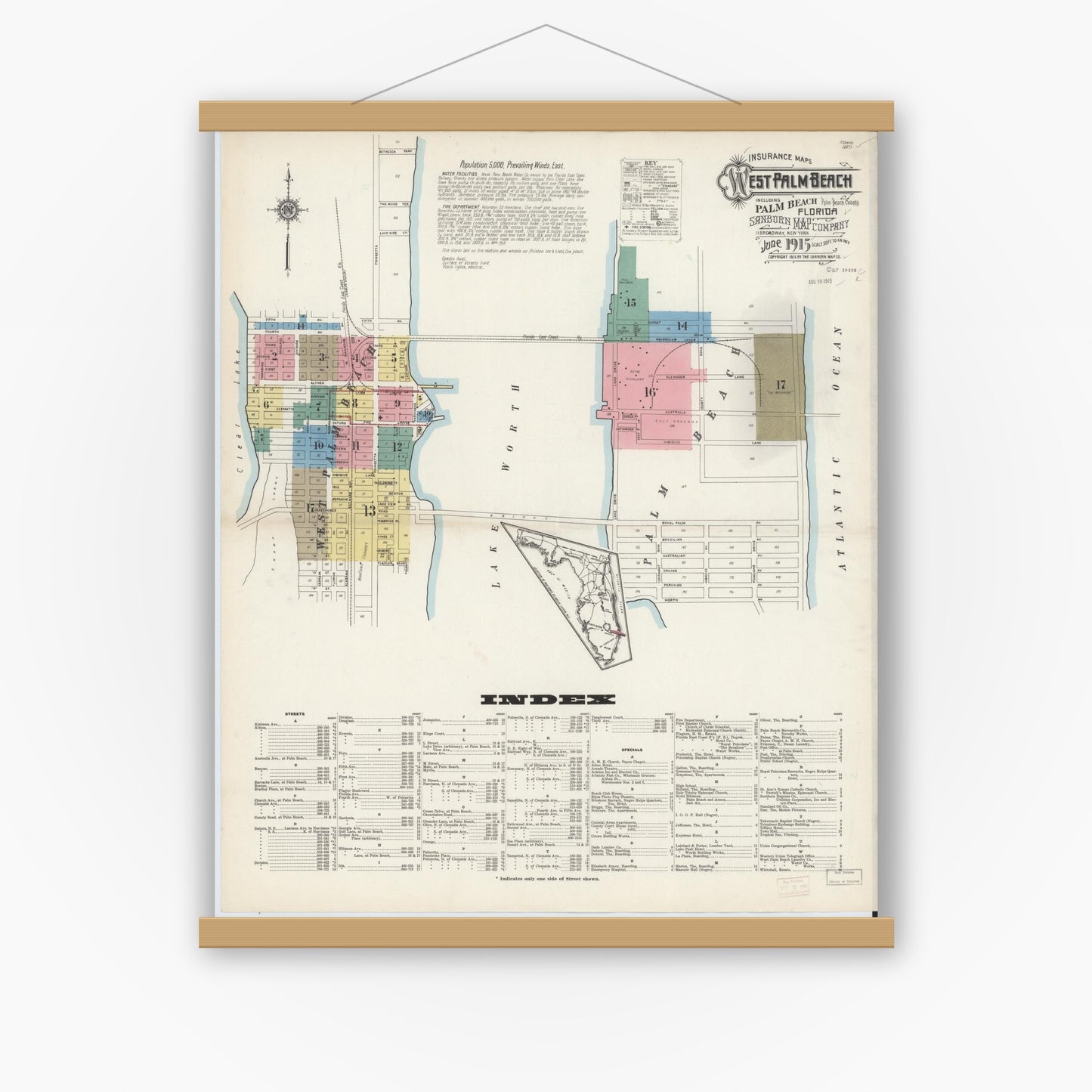 Old map wall art mockup — magnetic wood frame on white wall — Sanborn Fire Insurance Map from West Palm Beach, Dade County, Florida (1915) - Complete Map Set