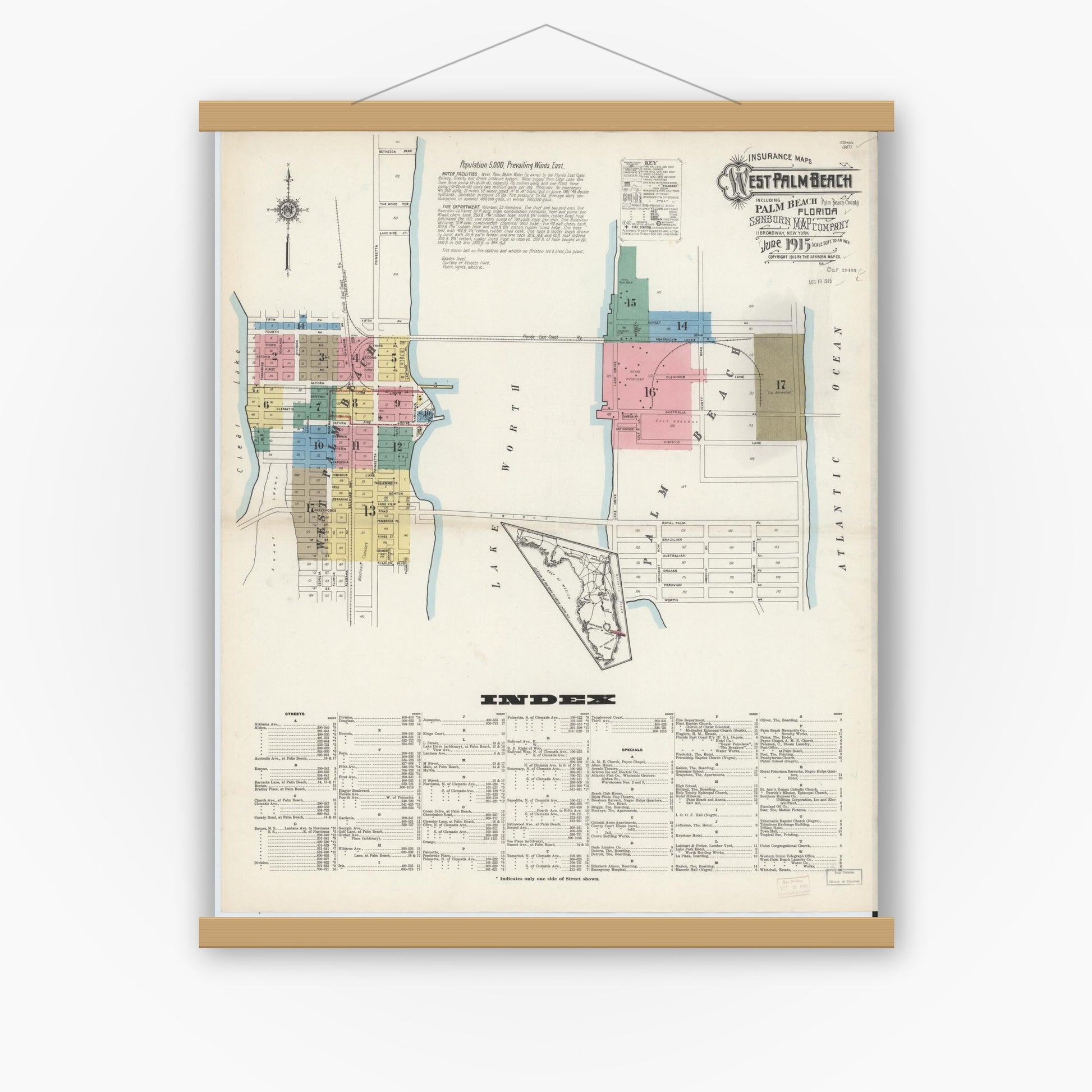 Old map wall art mockup — magnetic wood frame on white wall — Sanborn Fire Insurance Map from West Palm Beach, Dade County, Florida (1915) - Complete Map Set