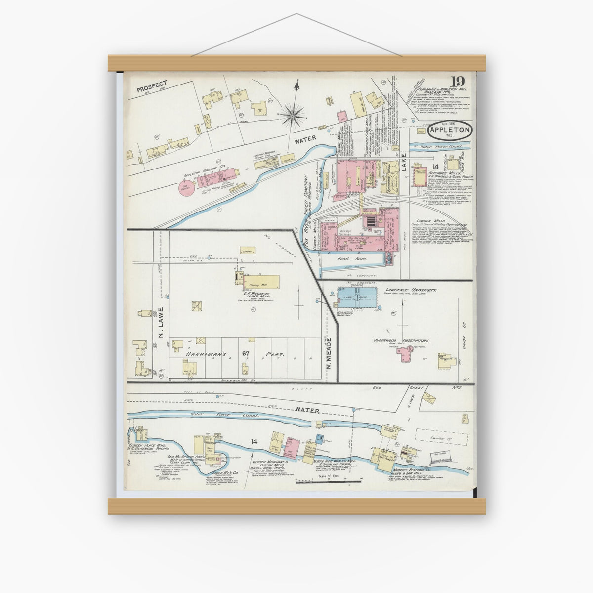 Old map wall art mockup — magnetic wood frame on white wall — Sanborn Fire Insurance Map from Appleton, Outagamie County, Wisconsin (1891), Sheet #0019