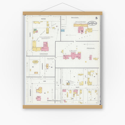 Old map wall art mockup — magnetic wood frame on white wall — Sanborn Fire Insurance Map from Prairie du Chien, Crawford County, Wisconsin (1905), Sheet #0005