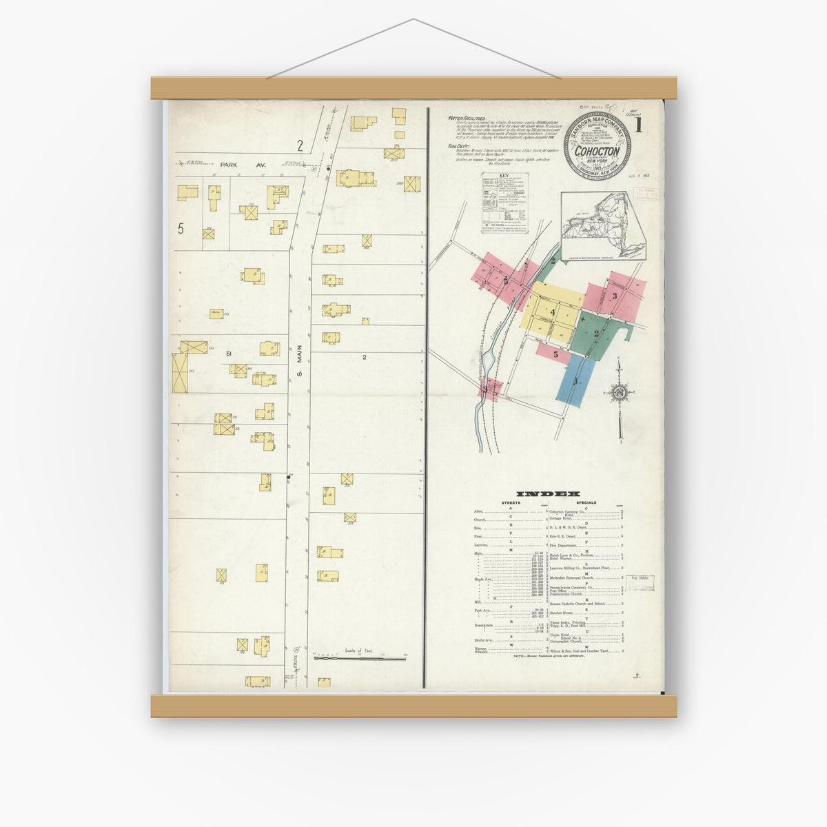 Old map wall art mockup — magnetic wood frame on white wall — Sanborn Fire Insurance Map from Cohocton, Steuben County, New York (1913) - Complete Map Set