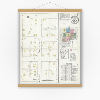 Old map wall art mockup — magnetic wood frame on white wall — Sanborn Fire Insurance Map from Glencoe, Mcleod County, Minnesota (1914) - Complete Map Set
